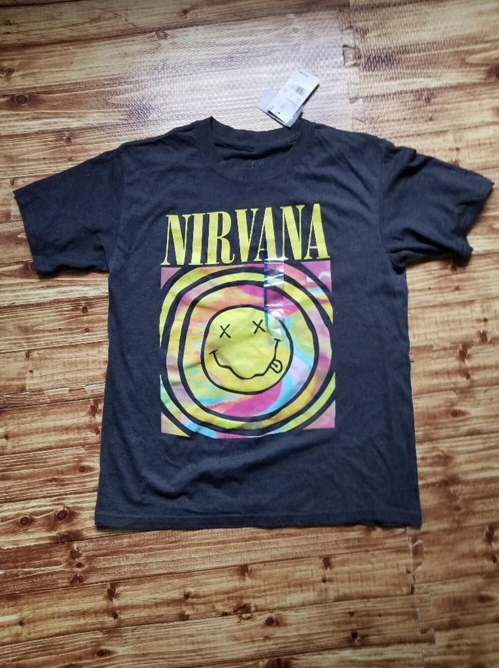 Women's Large Nirvana Short Sleeve Graphic T-Shirt Tie-Dye Smiley Black